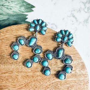 Squash Blossom Stone Earrings Turquoise Silver Feather Southwestern Cowgirl